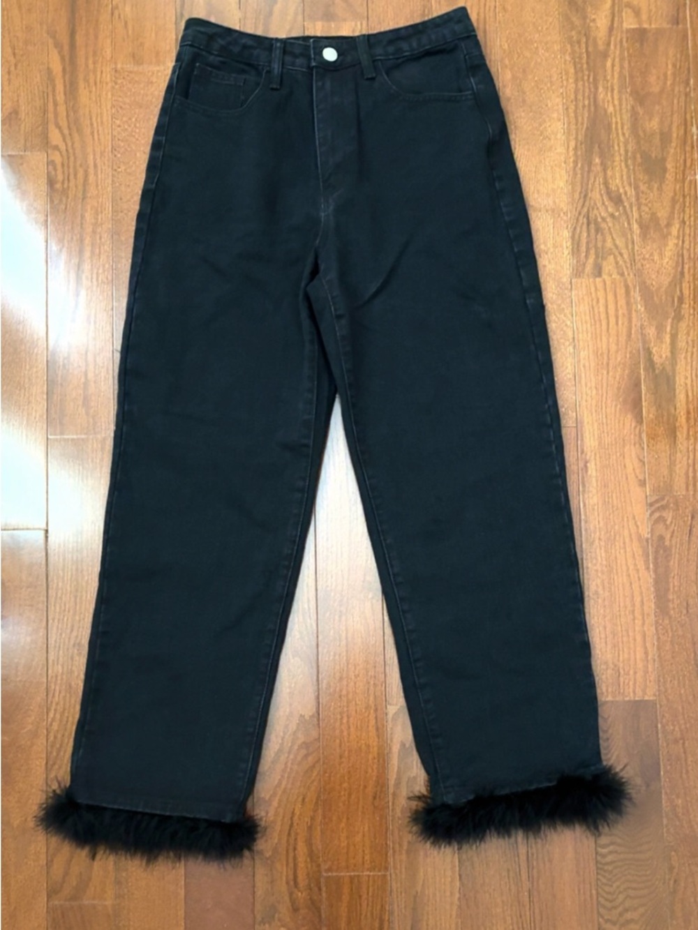Nasty Gal Black Straight-Leg Jeans with Faux Fur Hem